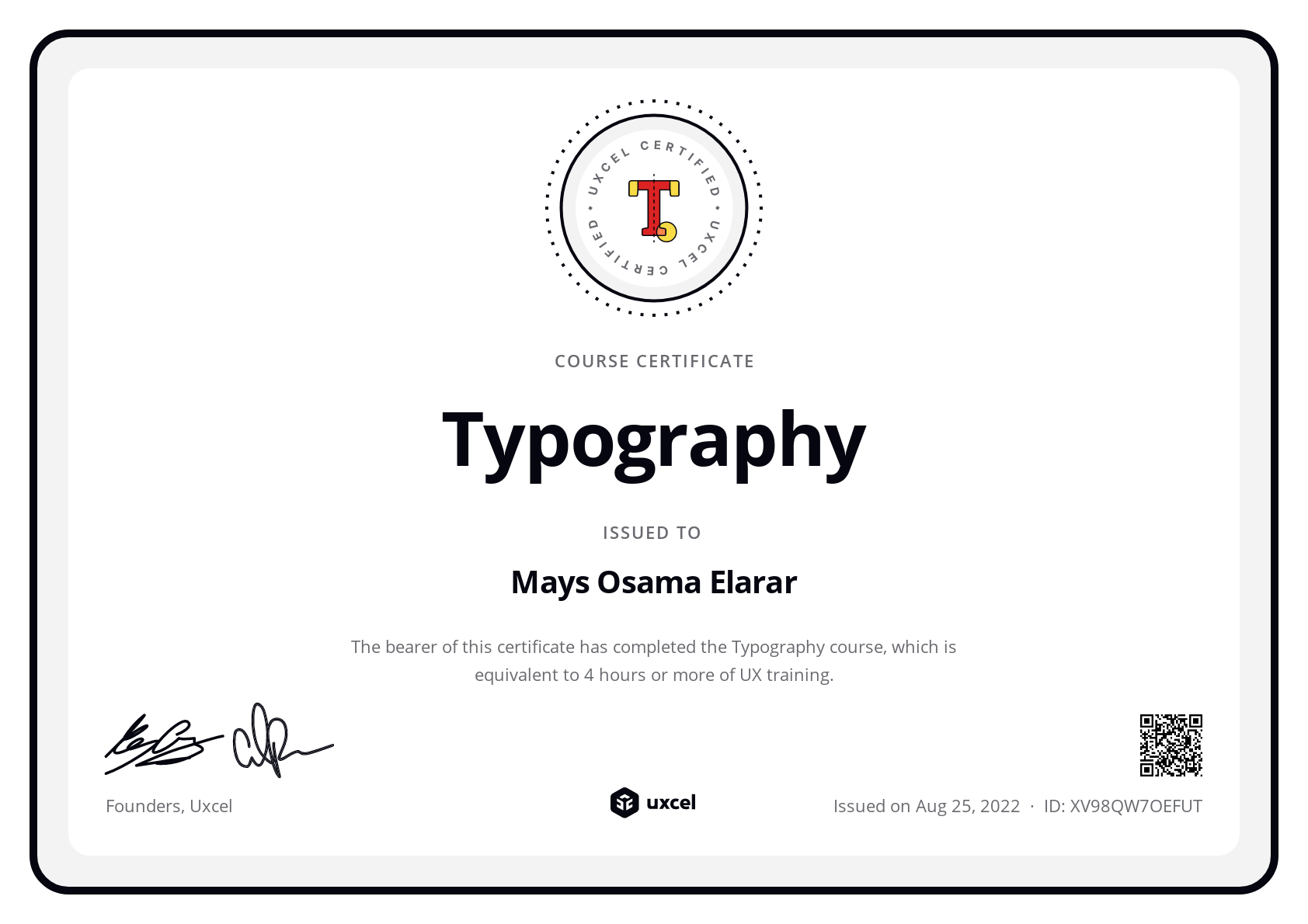 Mays Osama Elarar's certificate